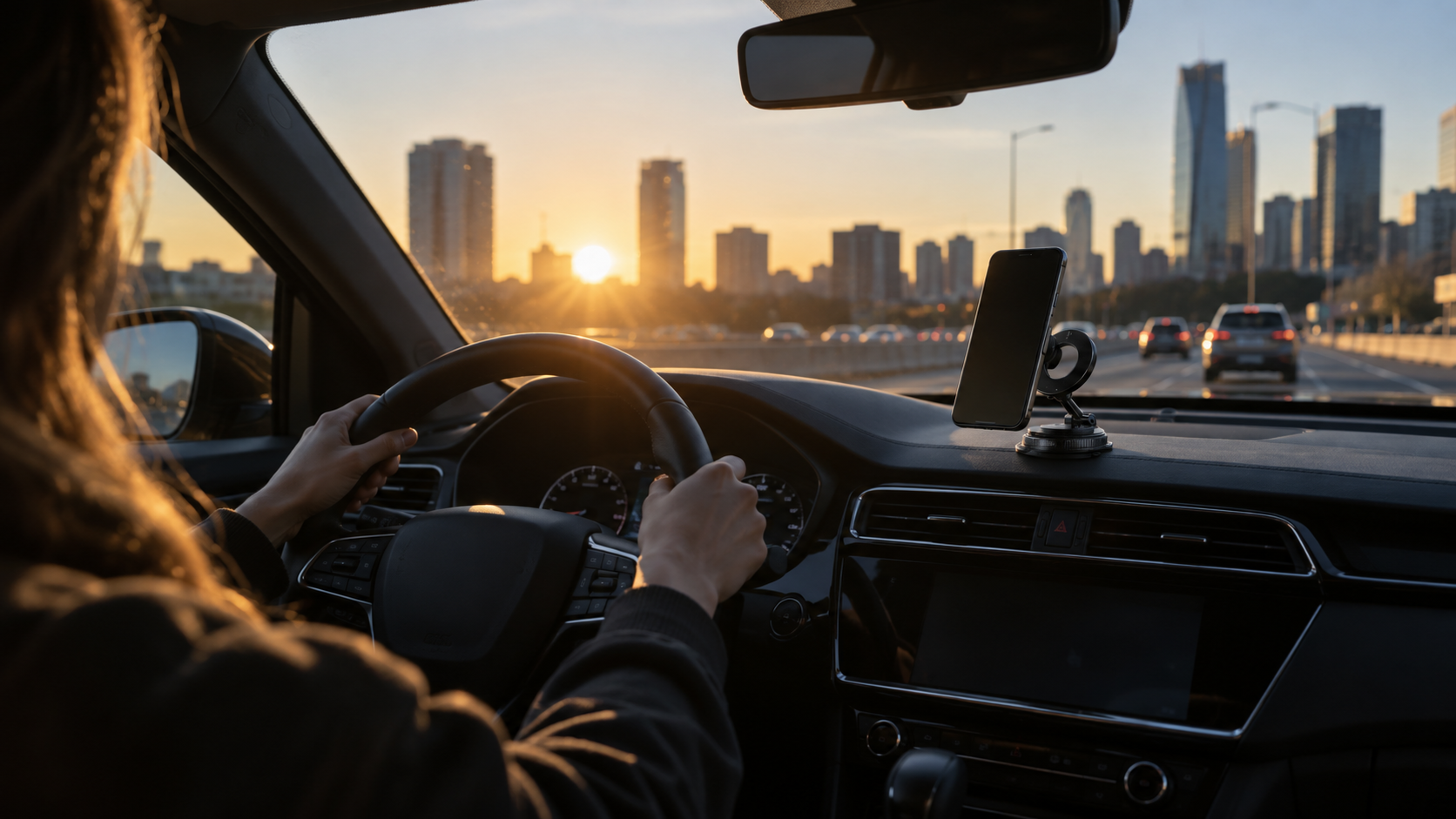 Driver using Ridvex mount at sunrise