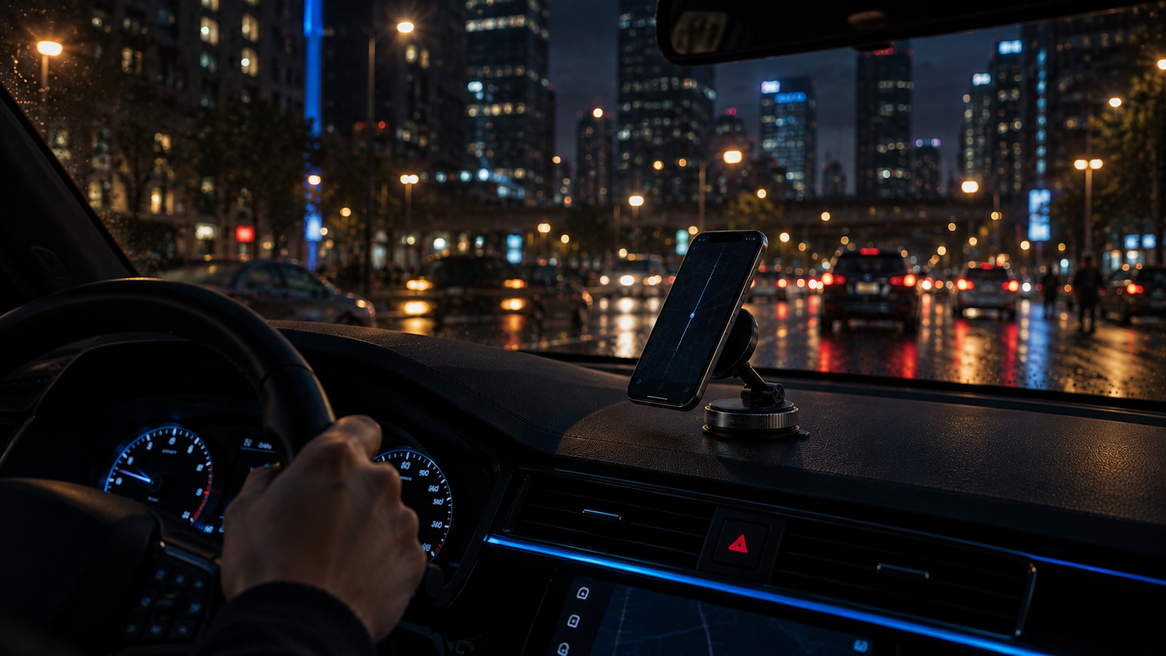 Ridvex magnetic phone mount on a car dashboard at night