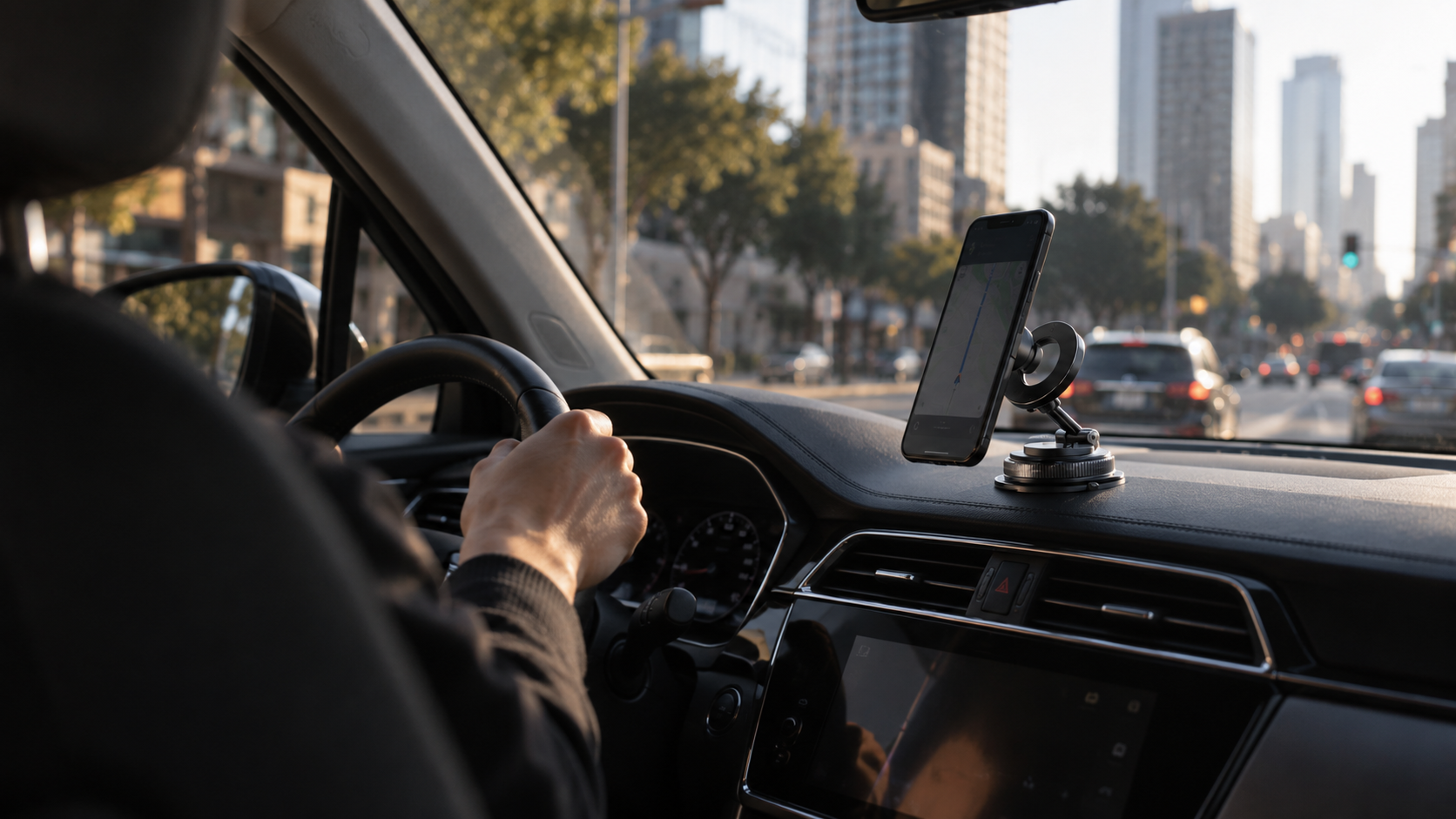Ridvex mount holding a phone with GPS during a rideshare trip in the city
