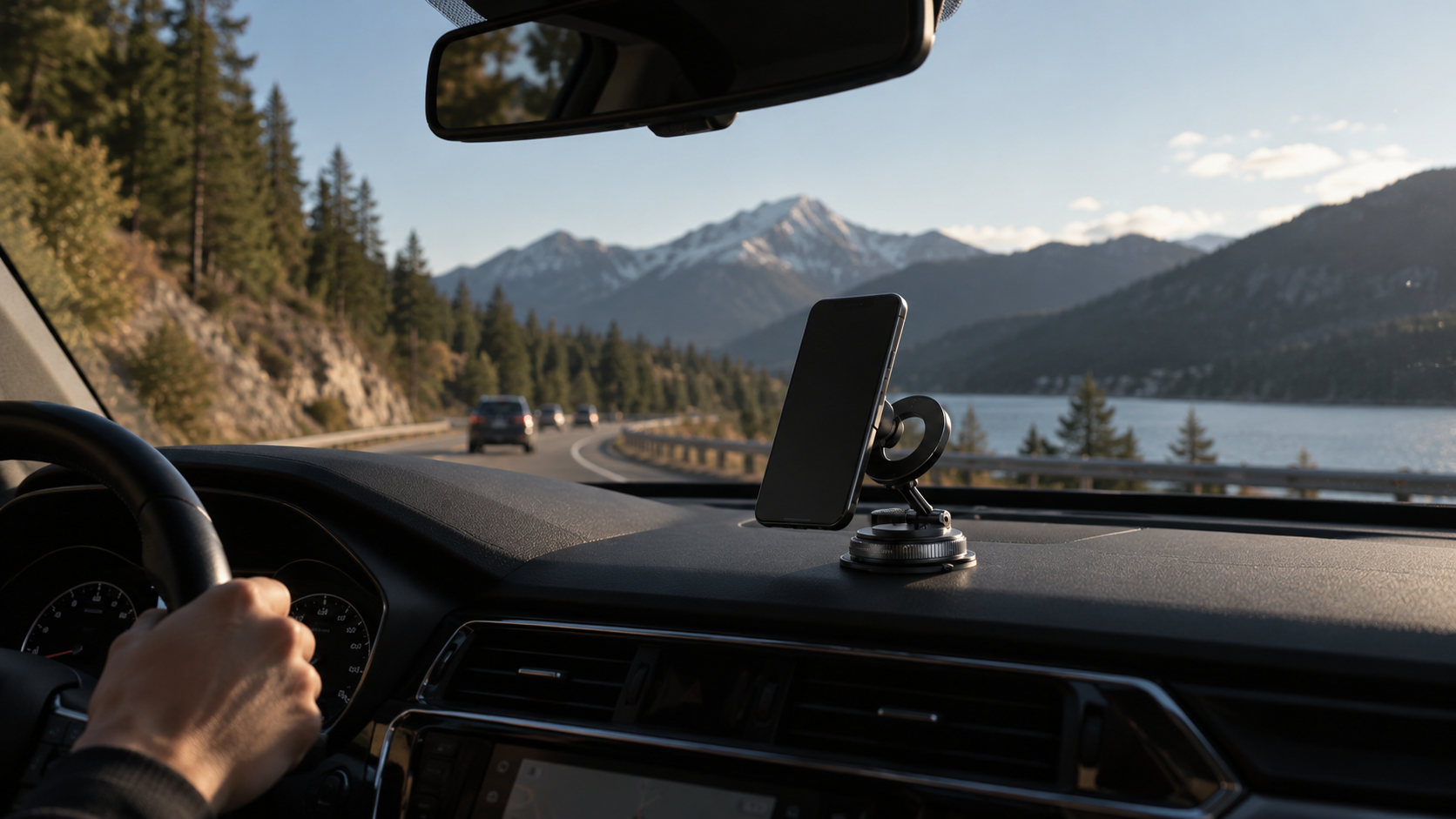 Ridvex mount holding a phone on a mountain road trip
